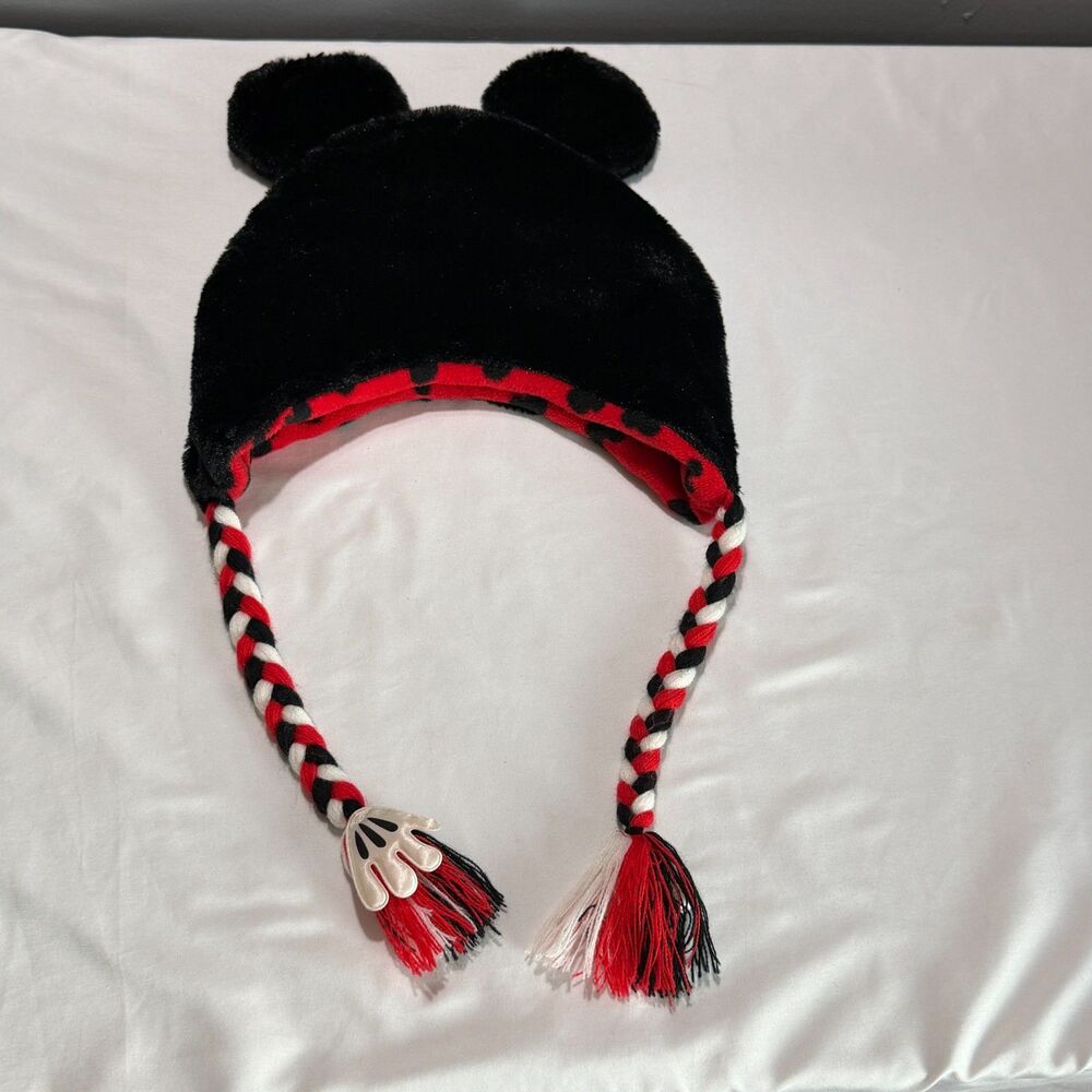 Disney Mickey Mouse Ear Hat One Size Fleece Braided Tassel Black Red